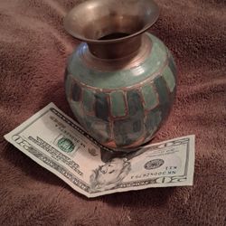 Vintage solid brass hand-painted vase. 5" tall.