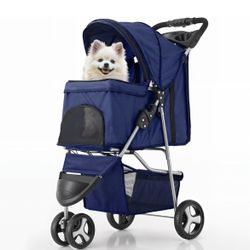 MoNiBloom 3 Wheels Pet Stroller, Foldable Dog Cat Cage Jogger Stroller with Weather Cover for All-Season, Storage Basket and Cup Holder, Breathable