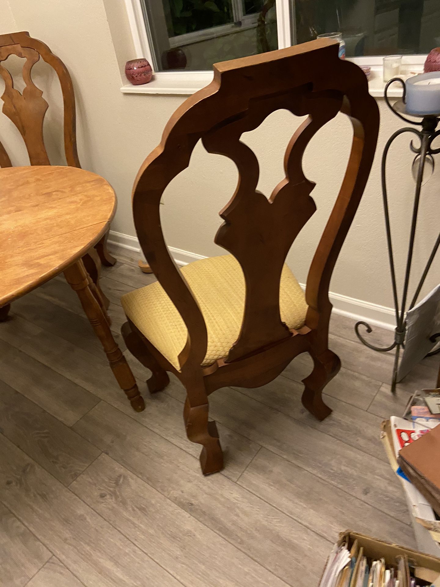 3 wood chairs with pretty gold fabric