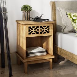 New Solid Wood Rustic Retro Nightstand, End Table with Hand Carved Front and Open Shelf for Bohemian, French Country, Farmhouse Style, Natural