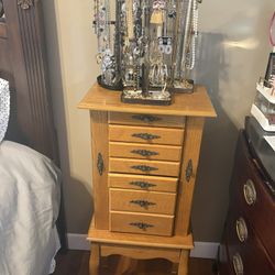 Solid Wood Jewelry Armoire with Mirror and Red Velvet Interior