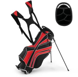 6-Way Golf Stand Bag W/ Cooler & Shoe Pocket, Shoulder Strap & Rain Hood (Red/Black)