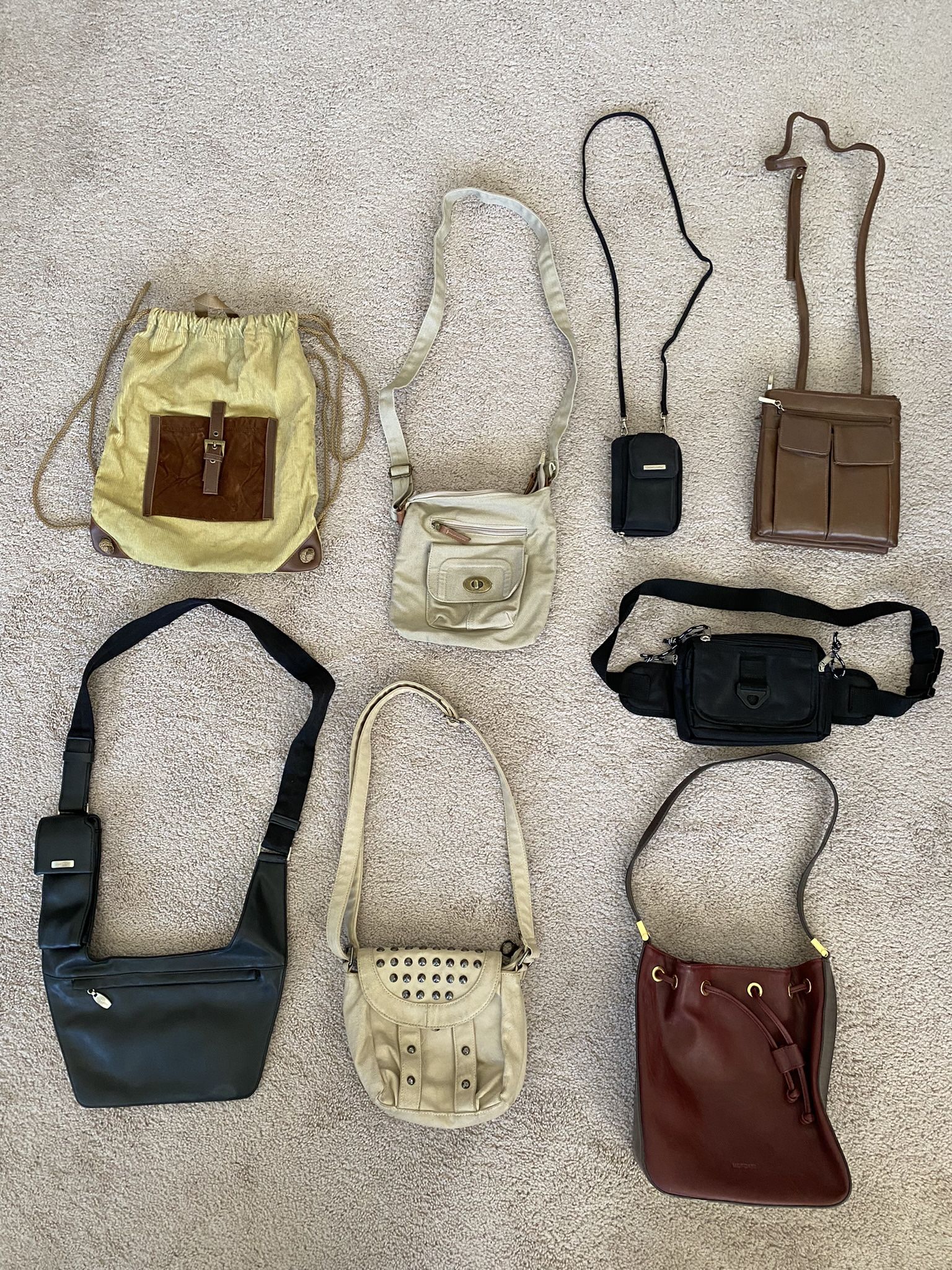 Vintage Women’s Purses Handbags, lot of 8, excellent to good condition, names include Nine West, Bongo, Mondani New York, fabrics include leather, can