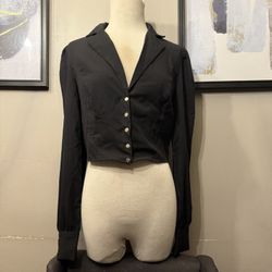Black Cropped Button Up Blouse Long Sleeve, Dressy Vintage Vibe