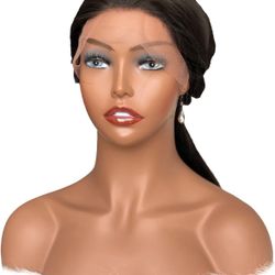 Realistic Female Mannequin Head with Shoulder Manikin PVC Head Bust Wig Head Stand with Makeup for Necklace Earrings Dark Brown Color