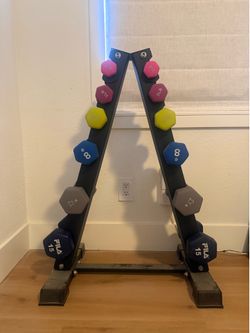 Dumbbell Rack + 10 Pairs of Neoprene Dumbbells (2–15 lb) – Excellent Condition