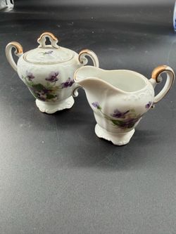 Vintage Mini Porcelain Sugar Bowl & Creamer Violet Flowers Pattern
