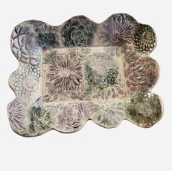 Vintage unique handmade ceramic floral decorative tray