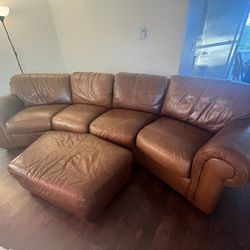 Brown Leather Couch + Ottoman