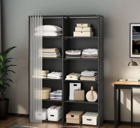 1pc 5/6 Tier Black Curtain Shelf Storage Shelf, Multi-function Dustproof Storage Cabinet, Open Shelving, Large Space Capacity, Suitable for Office, St