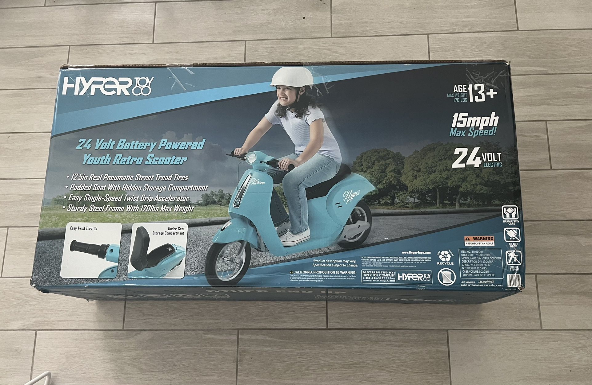 24V Hyper Toys Retro Electric Scooter, Easy Twist Throttle, Blue, Ages 13+, Including Teens, Tweens