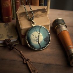 One of a kind Custom Vintage Whimsical Locket with Harvest Moon and Tree Art.