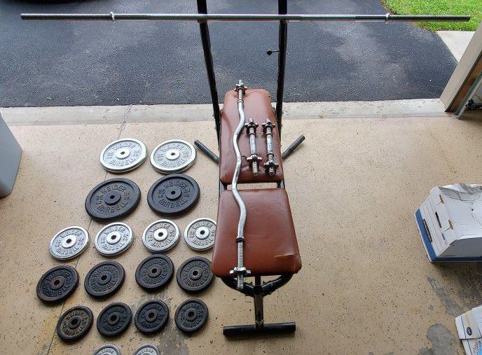Bench, Bars, and Weight Set