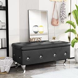 37.4" Black PU Leather Storage Ottoman Bench | Tufted with Crystal Buttons  Black PU leather storage bench with crystal tufted design, perfect for bed