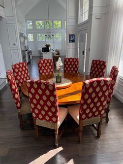 70” Round Wood Dining Table with 8 Upholstered Chairs