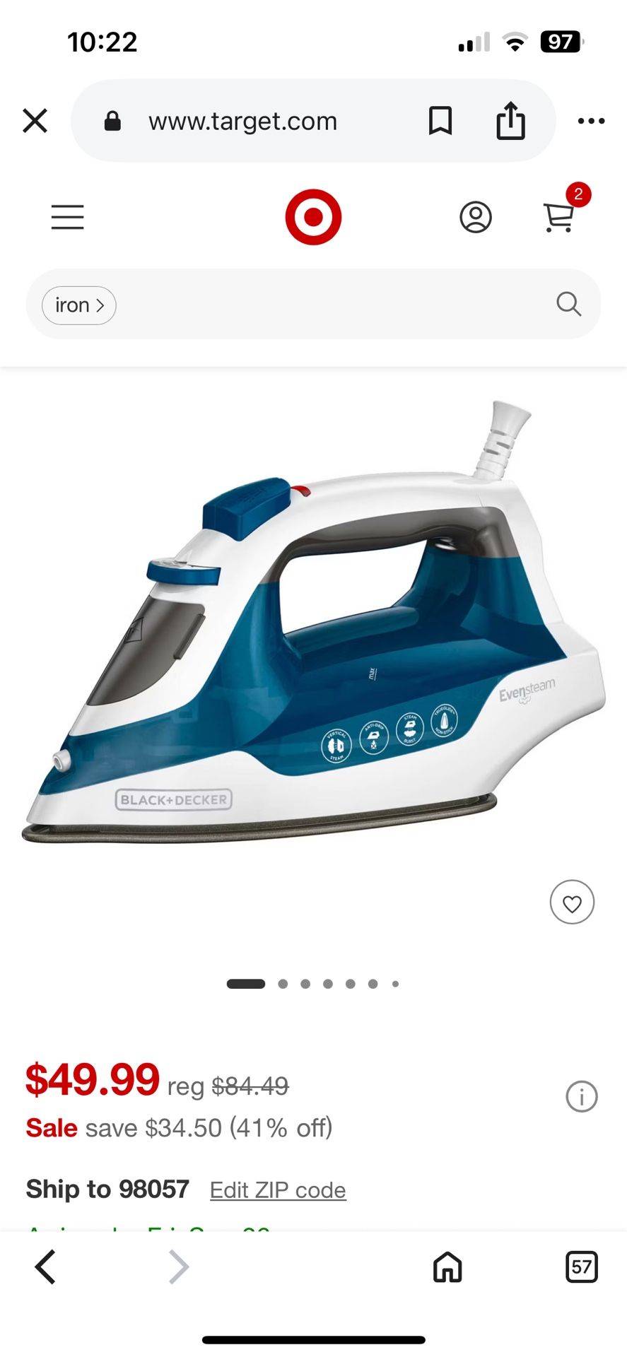 Black and Decker Easy Steam Compact Nonstick Soleplate Iron in Blue with Even Steam