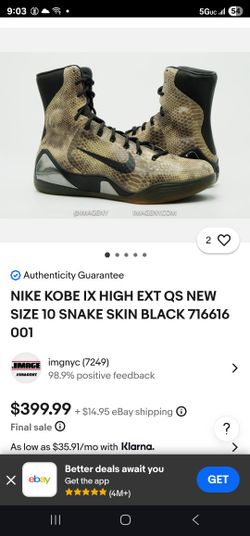 NIKE KOBE IX HIGH EXT QS NEW SIZE 9 SNAKE SKIN BLACK 716616 001