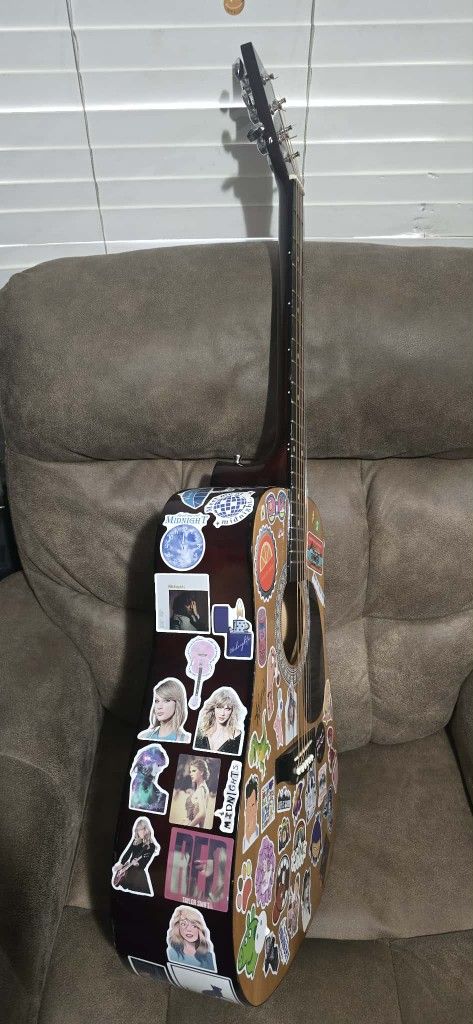 BURSWOOD ACOUSTIC GUITAR FULL OF TAYLOR SWIFT STICKERS $79