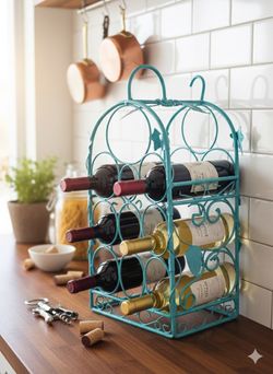 Vintage Teal Metal 6-Bottle Wine Rack – Shabby Chic Decor