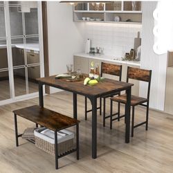 Costway 4pcs Dining Table Set Rustic Desk 2 Chairs & Bench with Storage Rack Brown