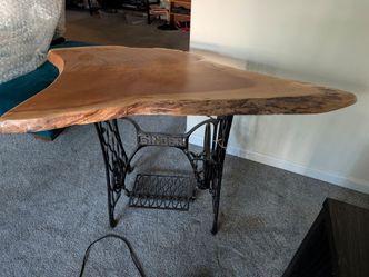 Custom Live Edge Wood Accent Table with Vintage Singer Base