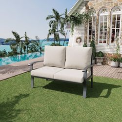 169 HOMREST Outdoor Loveseat Aluminum Patio Furniture Sofa, All-Weather Metal Outdoor Couch with Cushions, Beige