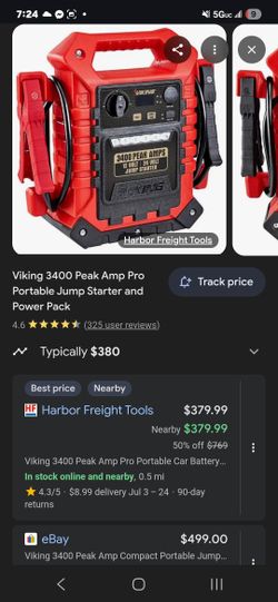 Harbor Freight Tools
Small user-submitted image: 1 of 2
Alex•5
Small user-submitted image: 2 of 2
Jorge•5
5+
Track price
Viking 3400 Peak Amp