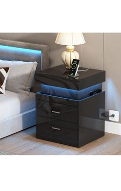 ChooChoo LED Nightstand with Charging Station and Sliding Storage Sliding Top Storage, 2-Drawers, High Gloss Bedside Table, Modern End Table, Bedroom,