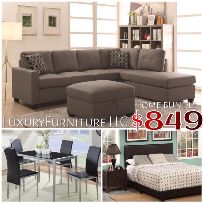 New grey sofa 5 piece dining set  queen leather bed & 1 nightstand