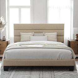 King Size Platform Bed Frame with Fabric Upholstered Headboard and Wooden Slats Support, Fully Upholstered Mattress Foundation/No Box Spring Needed/Ea