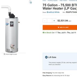 Propane Gas 75 Gallon Energy Saver Residential Water Heater (LP Gas)