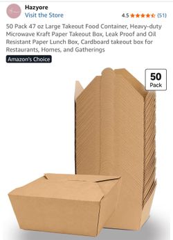 Hazyore 50-Pack Kraft Paper Takeout Boxes 47 oz