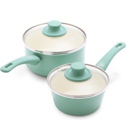 GreenLife Soft Grip Healthy Ceramic Nonstick, 1QT and 2QT Saucepan Pot Set with Lids, PFAS-Free, Dishwasher Safe, Turquoise Color