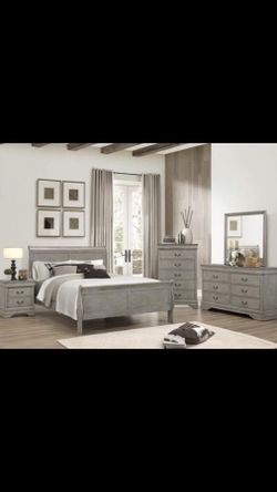 Brand new complete queen bedroom set bed frame dresser mirror chest and nightstand