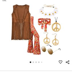ZeroShop 60s Costurne for Women,Hippie Fringe Vest Outfits,70s Decades Clothes Pants,Hippy Glasses, Headbands Flower Crown, Earrings, Necklaces Access