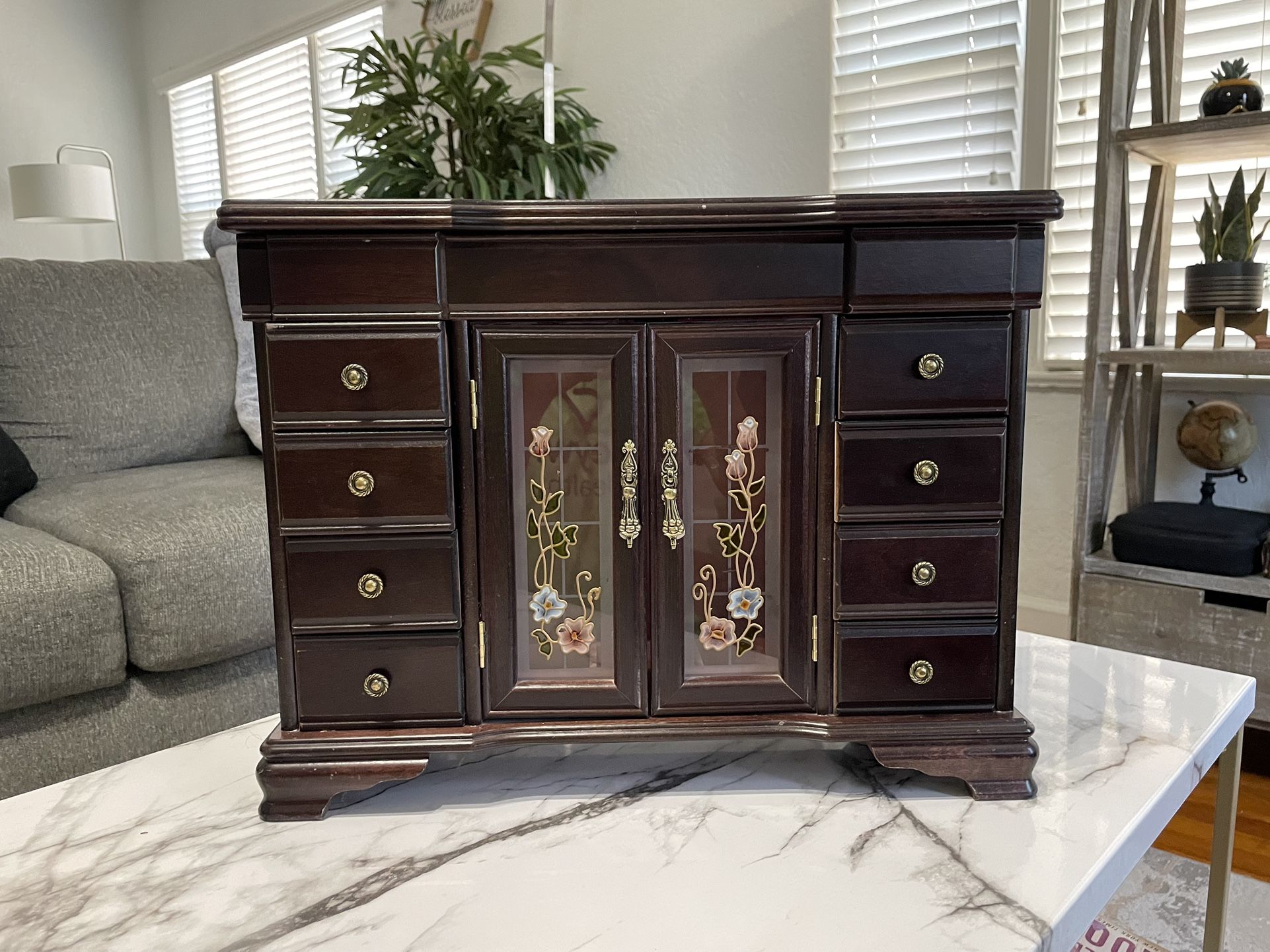 Jewelry Box Cherry Wood w/Etched Rose Armoire-Style Doors