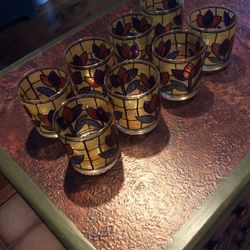 Vintage Early 60’s Tulip Stain Glass Look 8  Count  Glasses Mint Condition