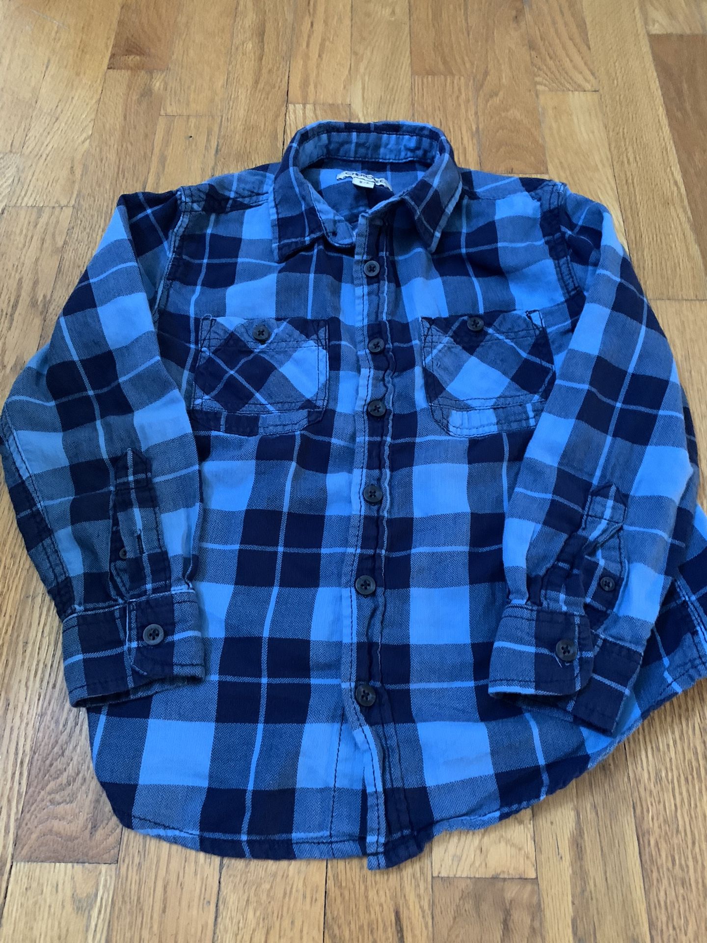 Cherokee Boys Sz 6/7 Blue Plaid Long Sleeve Button Down Flannel Shirt, Excellent