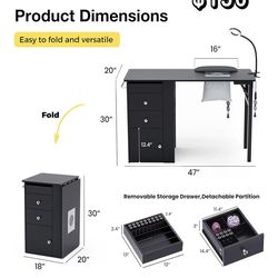 😀 Foldable Nail Table with Dust Collector, Manicure Desk for Nail Tech,with LED Lamp, Wrist Rest, Rolling Nail Table for Salon, Home Beauty Workstati