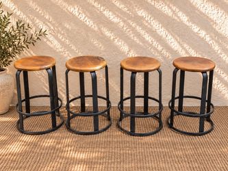 Four Industrial Wood & Black Metal Barstools