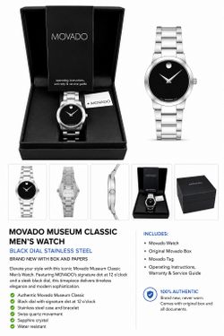 New Movado Museum Classic Men’s Watch – Stainless Steel – Black Dial – Box & Papers Movado Junior Sport 0605105