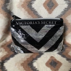 Victoria's Secret Sequined Makeup Beauty Bag Black and Silver Sparkle Clutch