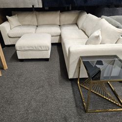 Sectional CORDUROY FABRIC BEIGE W OTTOMAN $649 FREE END TABLE GOLD