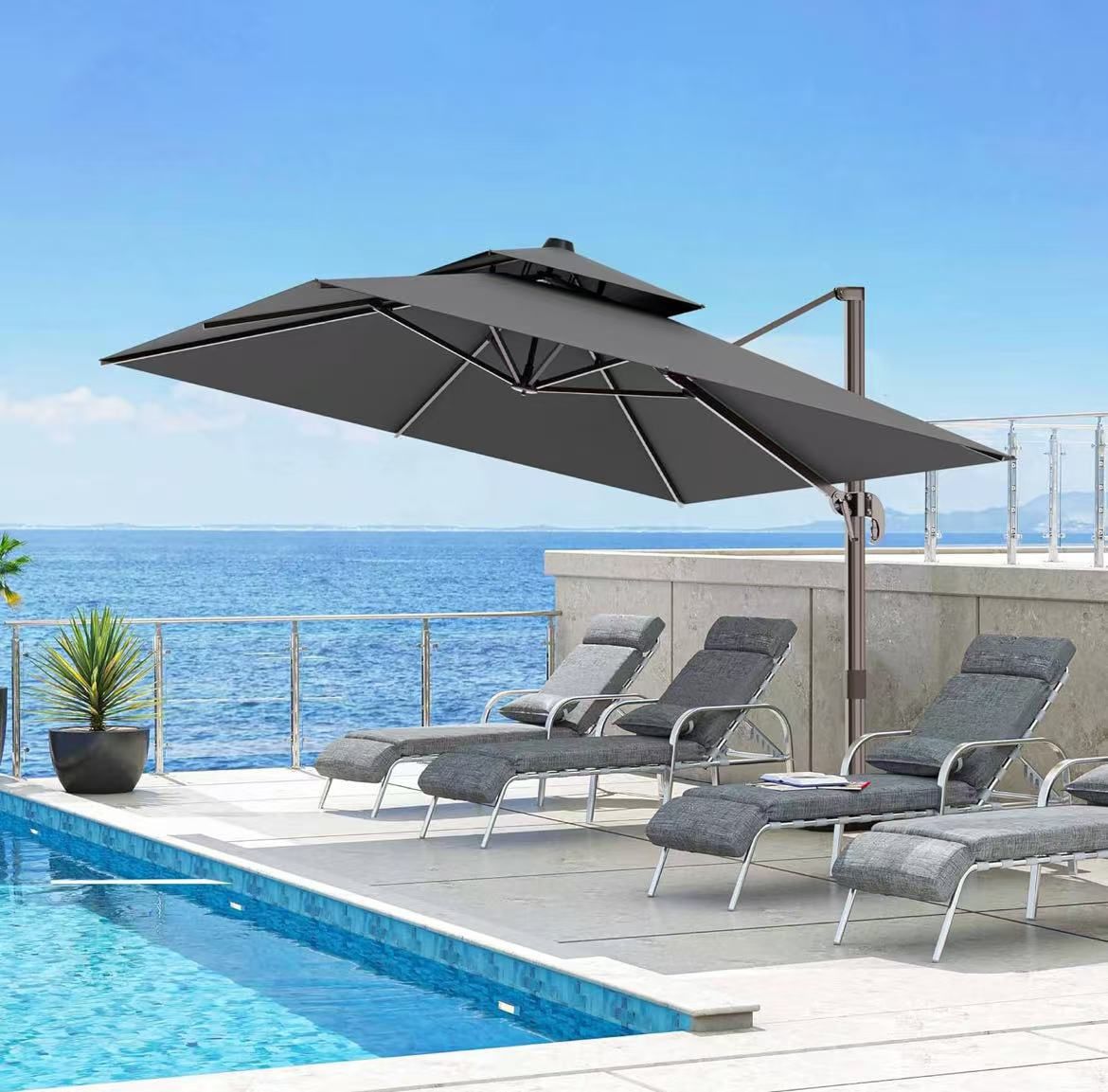 10 X 13 ft Cantilever Outdoor Patio Umbrella with Base, Large Heavy Duty 360° Rotating Double Top Offset Rectangular Parasol with LED Lights for Backy