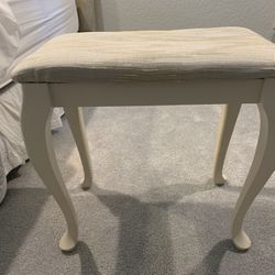 White Vanity Stool in Solid Wood with Padded Fabric Seat 