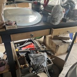 Really Heavy Metal & Wooden Four Drawers Work Shop Table Project Handcrafted Made