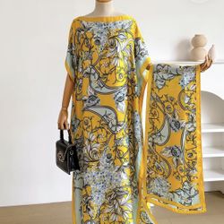 Women’s Elegant Floral Maxi Kaftan Dress with Matching Scarf