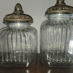 Vintage Ribbed Glass Canister Set with Ornate Metal Lids