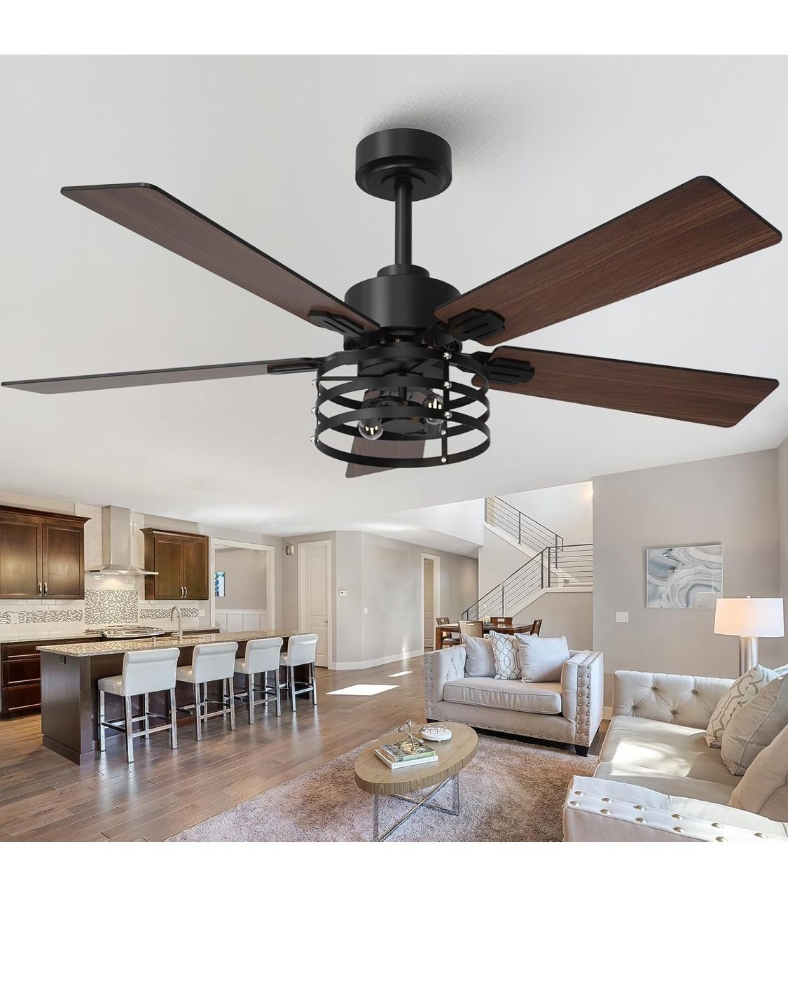 52" Farmhouse Ceiling Fans with Lights and Remote, Outdoor Ceiling Fan Dual Finish 5 Blades 6-Speed Quiet and Reversible DC Motor, Ceiling Fan with Li