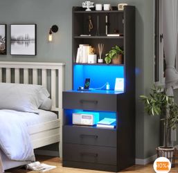 Tall Nightstand with LED Lights and Drawers